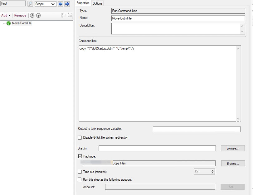 sccm copy a file in a package then run it