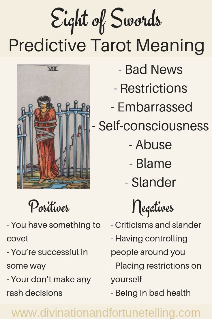 8 espadas tarot reading guide, learn how to interpret this cards message.