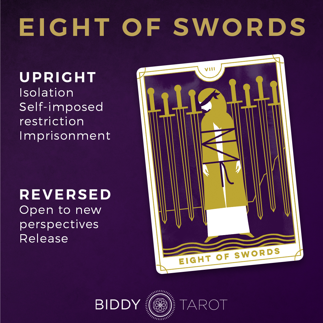 8 espadas tarot reading guide, learn how to interpret this cards message.